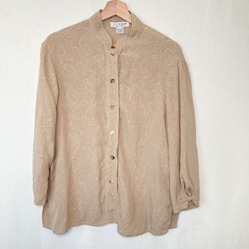 Citron Santa Monica 100% Silk Floral Blouse Women's Small S Shirt Beige Button